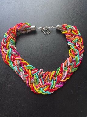 Vibrant Multi-Strand Braided Seed Bead Statement Necklace - Boho Mesh Accents